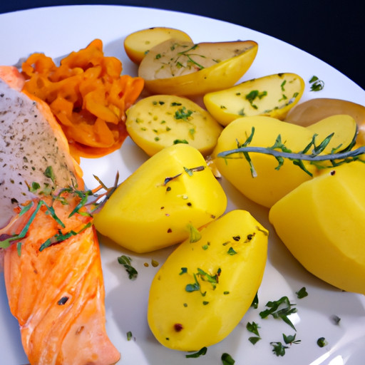 Hausgemachtes Gericht aus Lachs und Kartoffeln gegen Bluthochdruck 80019